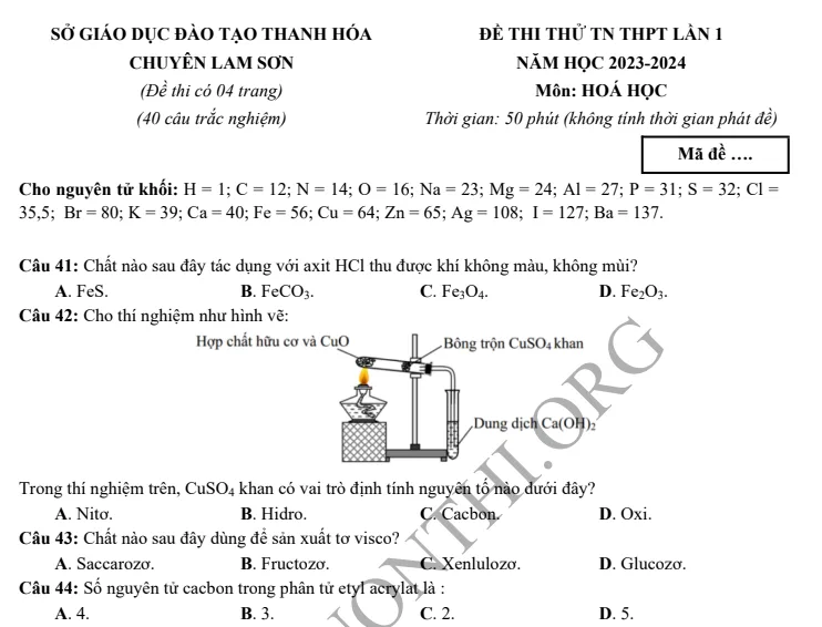 Đề thi thử TN THPT môn Hóa học 2024 - Chuyên Lam Sơn Thanh Hóa