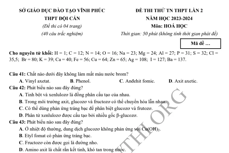 Đề thi thử TN THPT môn Hóa học 2024 - THPT Đội Cấn Vĩnh Phúc