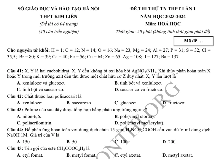 Đề thi thử TN THPT môn Hóa học 2024 - THPT Kim Liên Hà Nội