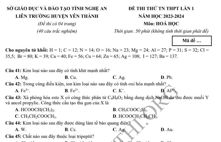 Đề thi thử TN THPT môn Hóa học 2024 - Liên trường Yên Thành Nghệ An