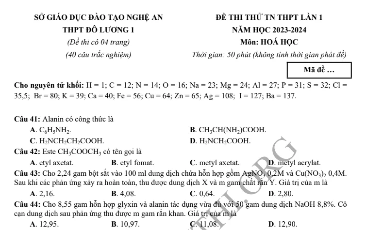 Đề thi thử TN THPT môn Hóa học 2024 - THPT Đô Lương 1 - Nghệ An