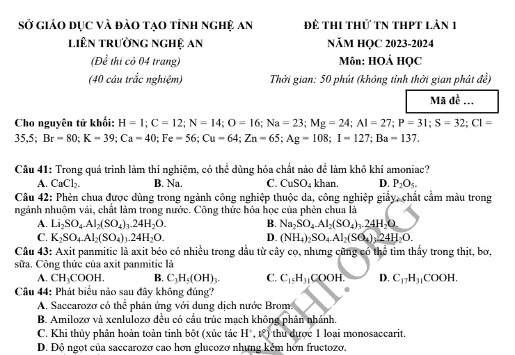 Đề thi thử TN THPT môn Hóa học 2024 - Liên trường Nghệ An lần 1