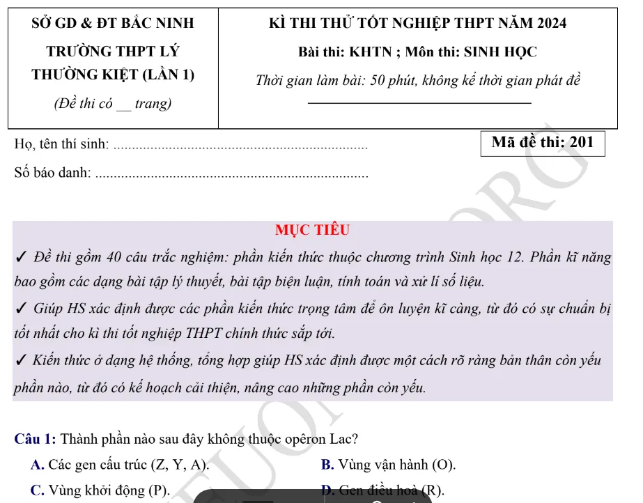 Đề thi thử TN THPT môn Sinh học 2024 - THPT Lý Thường Kiệt - Bắc Ninh