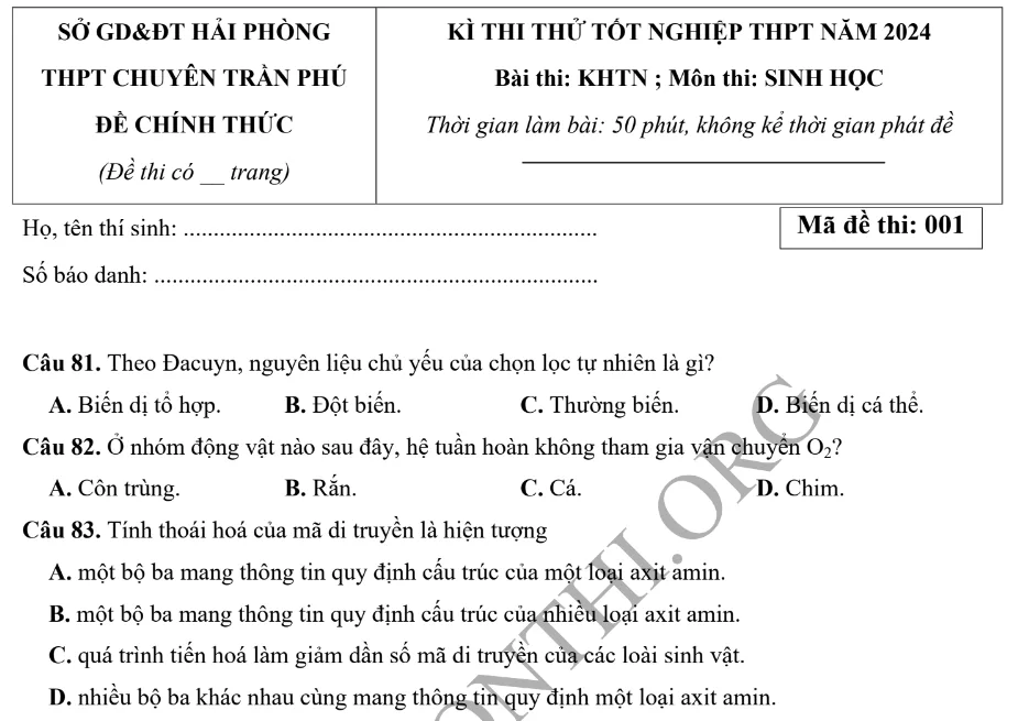Giới thiệu Đề thi thử TN THPT môn Sinh học 2024 - Chuyên Trần Phú Hải Phòng