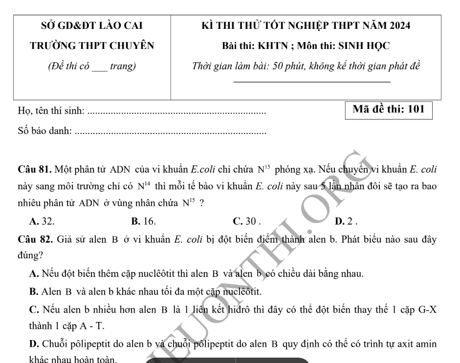 Giới thiệu Đề thi thử TN THPT môn Sinh học 2024 - THPT chuyên Lào Cai