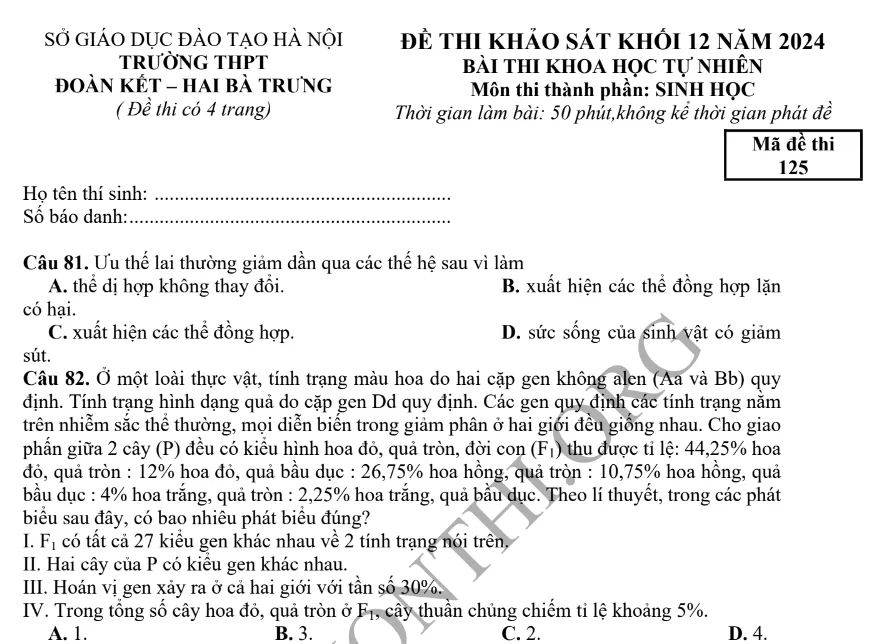 Giới thiệu Đề thi thử TN THPT môn Sinh học 2024 - THPT Đoàn Kết Hà Nội