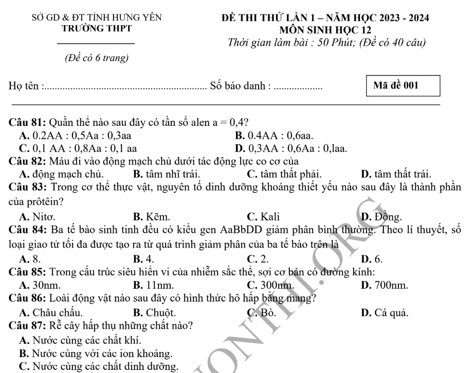 Giới thiệu Đề thi thử TN THPT môn Sinh học 2024 - Sở Hưng Yên