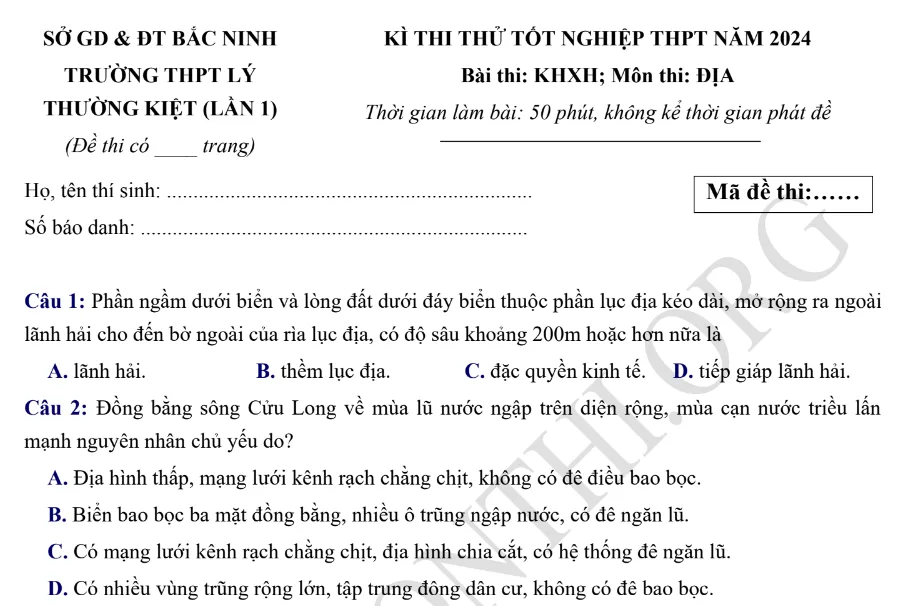 Giới thiệu Đề thi thử TN THPT môn Địa lý 2024 - THPT Lý Thường Kiệt Bắc Ninh