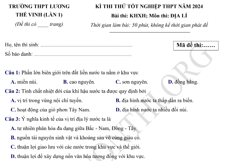 Giới thiệu Đề thi thử TN THPT môn Địa lý 2024 - THPT Lương Thế Vinh