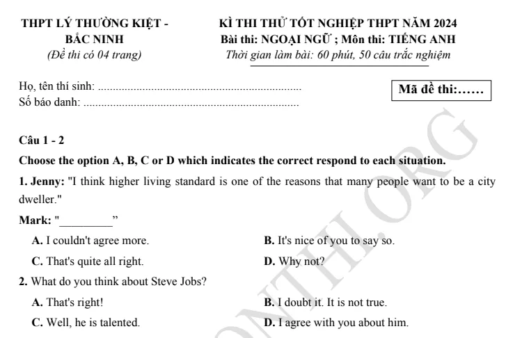 Giới thiệu Đề thi thử TN THPT môn Tiếng Anh 2024 - THPT Lý Thường Kiệt Bắc Ninh