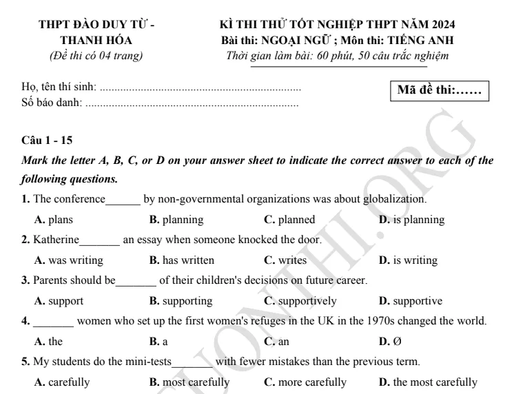 Giới thiệu Đề thi thử TN THPT môn Tiếng Anh 2024 - THPT Đào Duy Từ - Thanh Hóa