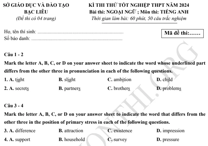 Giới thiệu Đề thi thử TN THPT môn Tiếng Anh 2024 - Sở Bạc Liêu