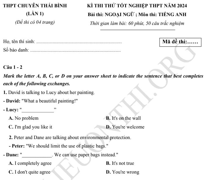 Giới thiệu Đề thi thử TN THPT môn Tiếng Anh 2024 - THPT Chuyên Thái Bình