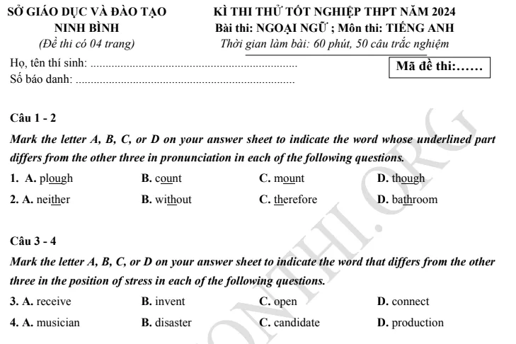 Giới thiệu Đề thi thử TN THPT môn Tiếng Anh 2024 - Sở Ninh Bình