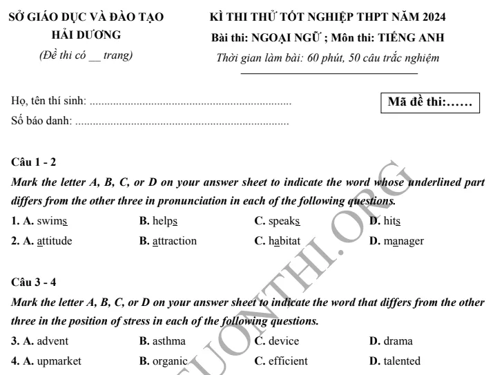 Giới thiệu Đề thi thử TN THPT môn Tiếng Anh 2024 - Sở Hải Dương