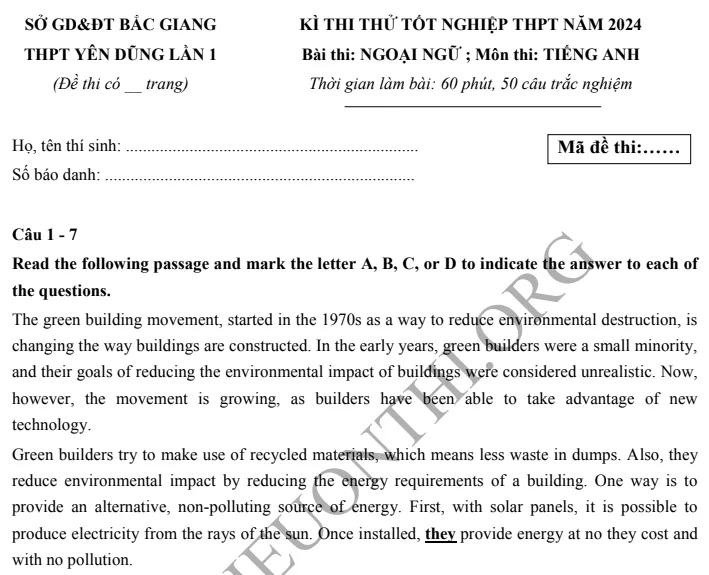 Giới thiệu Đề thi thử TN THPT môn Tiếng Anh 2024 - THPT Yên Dũng - Bắc Giang