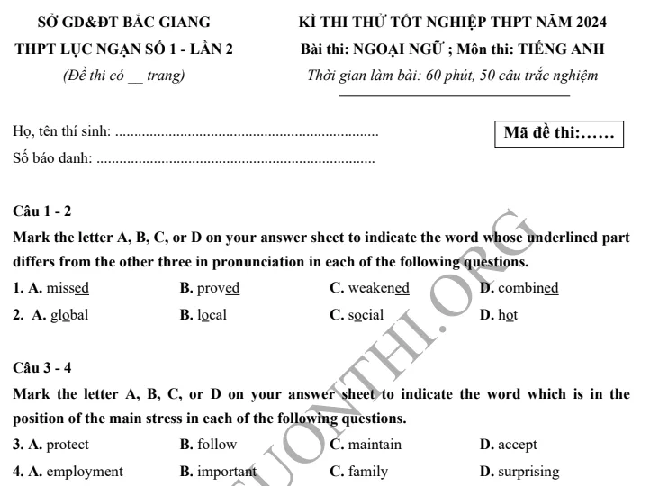 Giới thiệu Đề thi thử TN THPT môn Tiếng Anh 2024 - THPT Lục Ngạn 1 - Bắc Giang lần 2